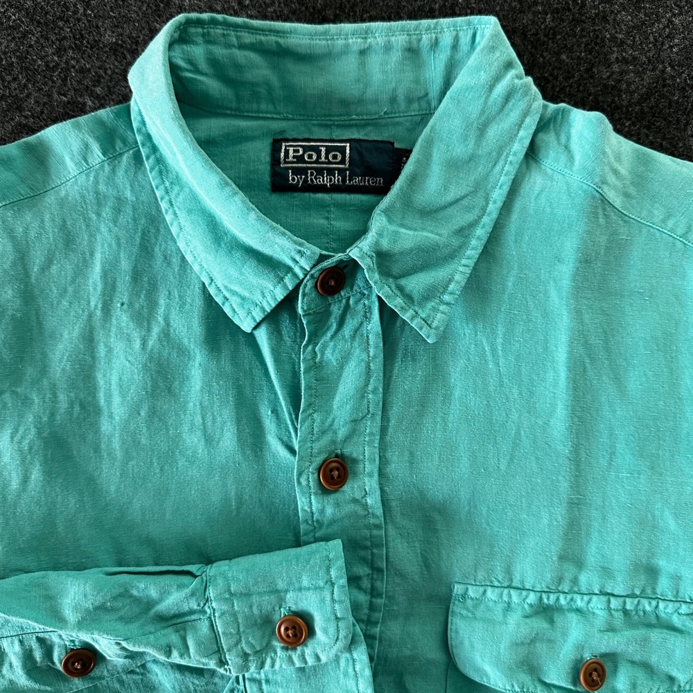 Polo Ralph Lauren‎ Mens Linen Roll Tab Button Down Shirt Turquoise Green Large
